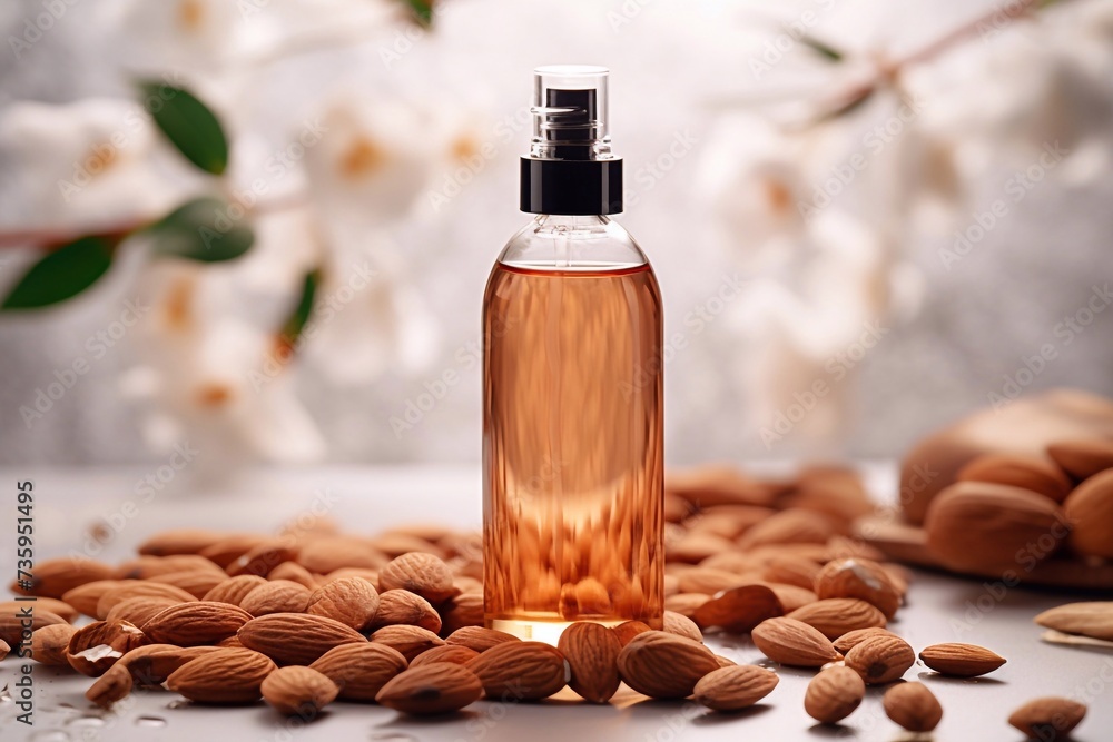 Delicious almond shampoo with drops on background. Beautiful design of advertisement of cosmetic products for catalog, magazine. Delicious almond shampoo with drops on background. Beautiful design of advertisement of cosmetic products for catalog, magazine.