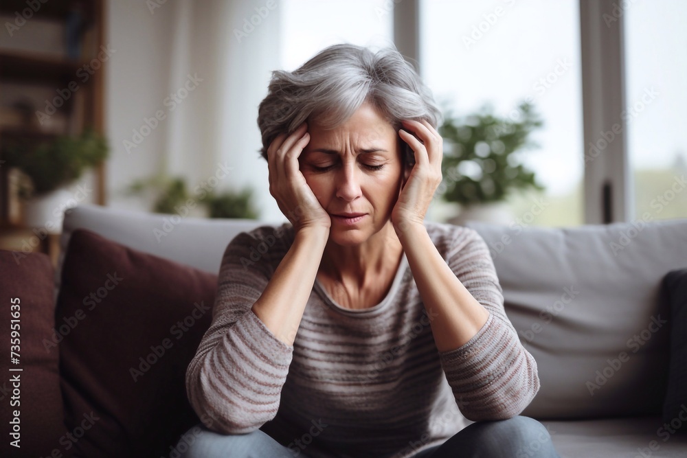 Depressed mature woman lying sofa with her arms around herself, covering her head with hands, unhappy woman suffering from insomnia depression, psychological problem, concept impotence, asthenia Depressed mature woman lying sofa with her arms around herself, covering her head with hands, unhappy woman suffering from insomnia depression, psychological problem, concept impotence, asthenia