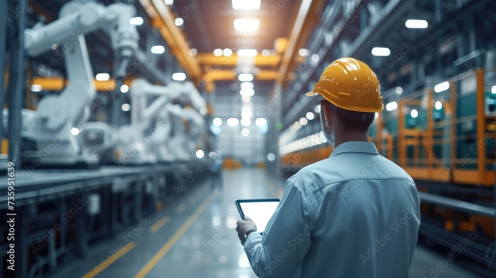 Engineer monitors and controls robot arm automation in smart factories. technician control automation robot arms machine in modern warehouse industrial on system software. Generative AI. Engineer monitors and controls robot arm automation in smart factories. technician control automation robot arms machine in modern warehouse industrial on system software. Generative AI.