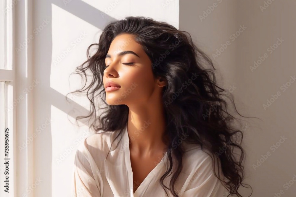 Difficult life moment. Tired stressed indian woman sit leaning against white wall in light room try to cope with problems. Side profile view of young hindu lady face with closed eyes think breath dee - obrazy, fototapety, plakaty 