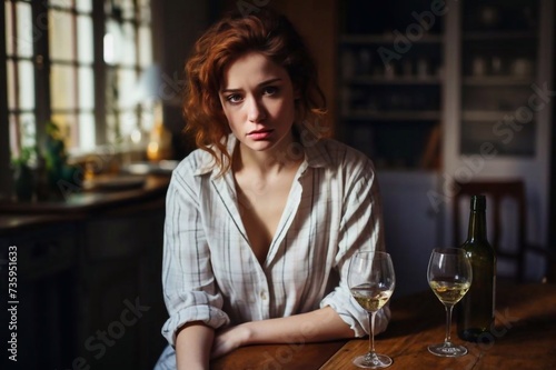 Despaired sad caucasian millennial lady with glass and bottle of wine suffering from depression and stress at home. Fear, alcohol addiction, worries and loneliness, self-isolation and mental health