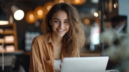 Portrait of a Smiling young woman seller working on laptop at menswear shop, taking receiving and checking online purchase shopping orders. Generative AI.