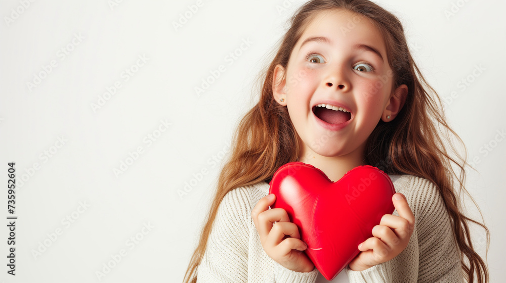 Joyful Child Holding a Valentine's Heart, Expressing Happiness and Surprise Joyful Child Holding a Valentine's Heart, Expressing Happiness and Surprise