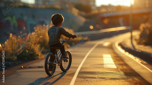Boy on Bicycle at Sunset on Urban Ramp © Viktorikus
