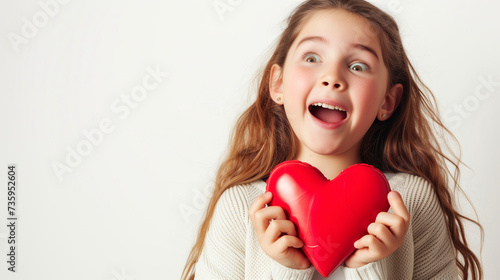 Joyful Child Holding a Valentine's Heart, Expressing Happiness and Surprise