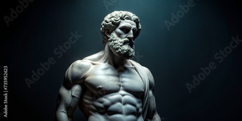 standing greek statue of philosophy with beard and muscle, cinematic, 8k, dark background
