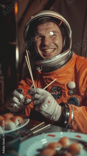 Cosmonaut laughs and eats sushi. April 12 is Cosmonautics Day. High resolution