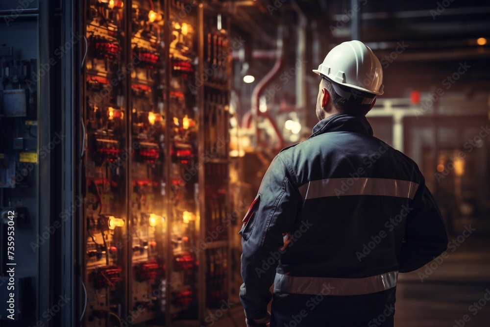 Engineer wearing safety uniform and helmet under checking fire evacuation alarm emergency system in industry factory and exit door is factory security protection concept