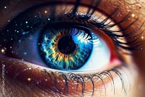Beautiful extreme close-up of eyes with editing of beautiful universe in space with planets and stars