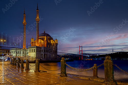 Ortaköy Mosque, formally  name the Buyuk Mecidiye Camii in Beşiktaş, Istanbul, Turkey, situated at the waterside of the Ortaköy pier square, one of the most popular locations on the Bosphorus. photo