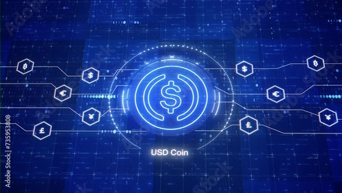 USD digital stablecoin animated logo. Animation of USDC cryptocurrency. Crypto in digital world photo