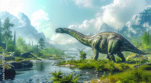 Brachiosaurus wading through a foggy river landscape with towering green mountains, ai generated © Rajesh