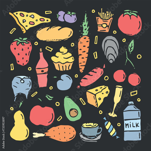 Simple food icons. Doodle food background