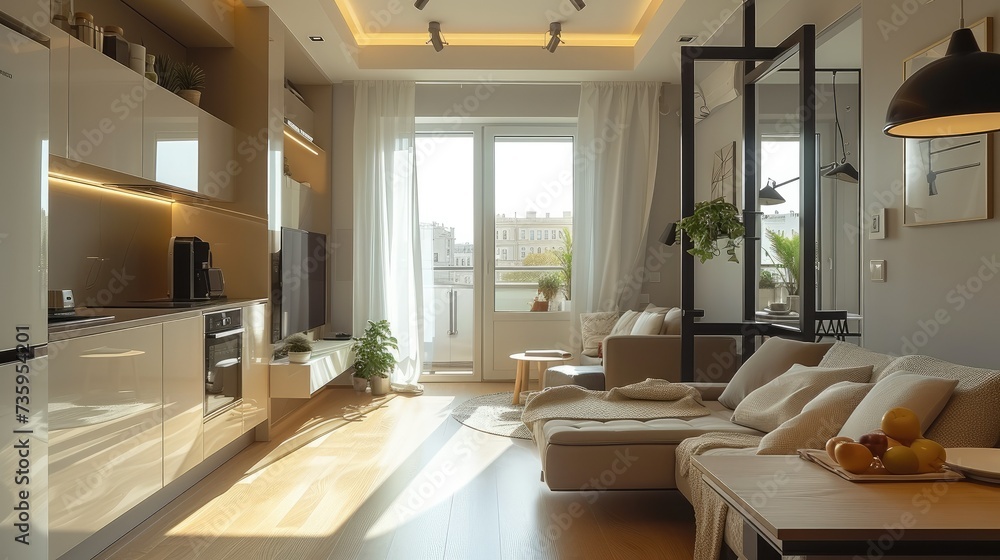 Interior of a studio apartment for rent. Generative AI. Interior of a studio apartment for rent. Generative AI.