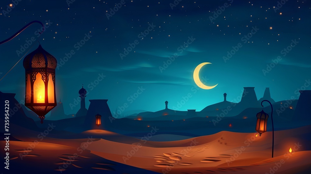 Lanterns in the desert under starry night sky with mosque and crescent moon, Ramadan Kareem illustration, blue background
