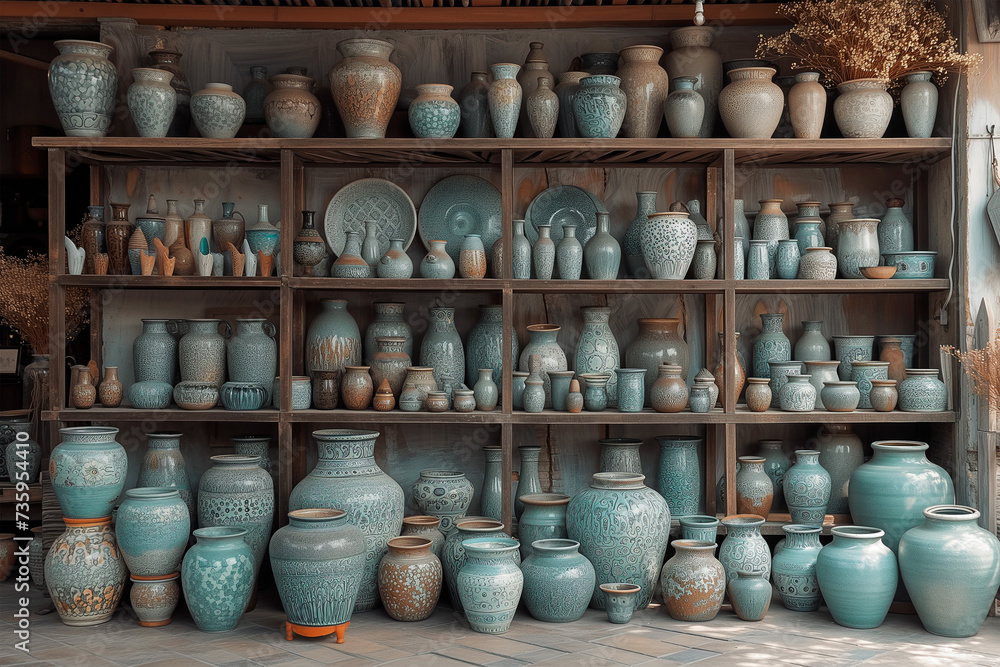Potter's studio with shelves adorned with beautifully glazed ceramic creations, reflecting the diverse outcomes of handmade pottery Potter's studio with shelves adorned with beautifully glazed ceramic creations, reflecting the diverse outcomes of handmade pottery