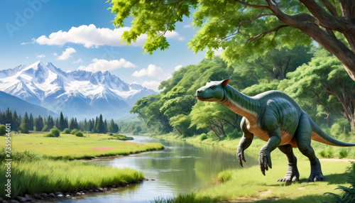 Parasaurolophus beside a river with lush trees and snowy mountains in the background, ai generated © Rajesh