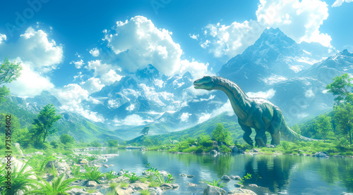 T. Rex roaming alongside a river in a vibrant landscape with fluffy clouds and mountains ai generated