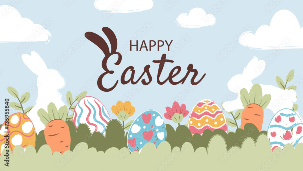 Happy Easter banner, poster, greeting card. Trendy Easter design with typography, bunnies, flowers, eggs, in pastel colors. Watercolor style. Happy Easter banner, poster, greeting card. Trendy Easter design with typography, bunnies, flowers, eggs, in pastel colors. Watercolor style.
