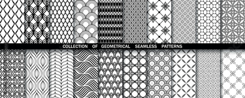 Geometric set of seamless black and white patterns. Simple vector graphics