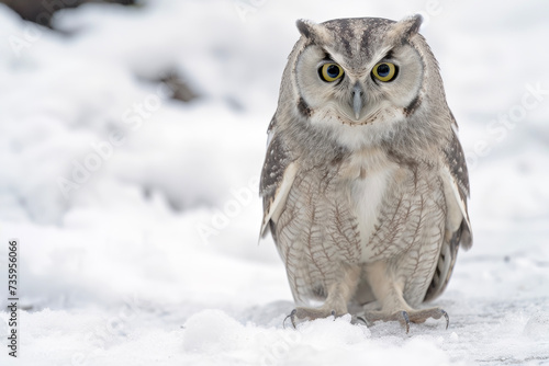 The Owl Standing Quietly in the Snow. The Serene Atmosphere of the Snow and the Presence of the Owl.