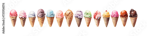 Different flavors of ice cream on transparent background, ice cream set for banner
