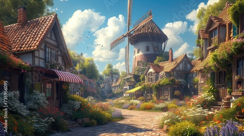 A village on a windmill with a coffee shop, in the style of tranquil garden scapes. Generative AI.