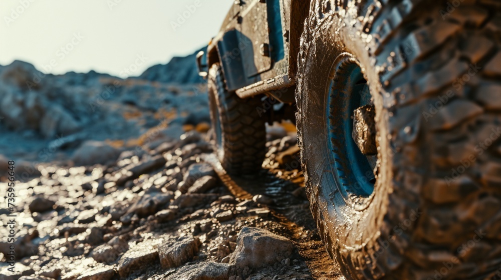 Close-up of the heavy car's tire navigating a rocky path, showcasing its off-road capability. Close-up of the heavy car's tire navigating a rocky path, showcasing its off-road capability.
