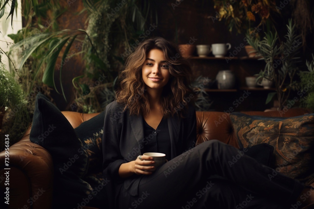 Portrait of happy young woman sitting on couch in garden drinking black coffee Portrait of happy young woman sitting on couch in garden drinking black coffee