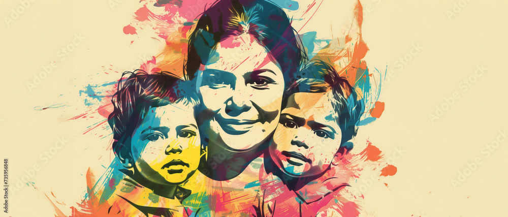 abstract graphic illustration of a mother with her children. 