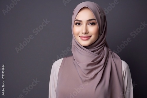 Portrait of islamic woman smiling. Pretty muslim girl. Beautiful asian muslimah woman model posing on grey wall studio. Portrait Of Arab Beauty