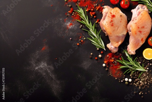 Smoked chicken meat. Raw chicken legs or drumsticks with rosemary, spices and vegetables. View from above. Copy space
