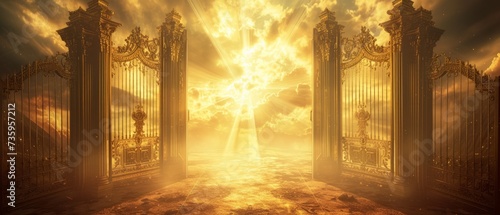 A 3D visualization of heaven's gates, with elegant golden gates opening into a realm of infinite tranquility and shimmering light, surrounded by a heavenly aura photo