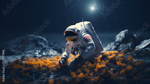 Astronaute en combinaison avec un casque dans les fleurs sur une autre planète dans l'espace photo