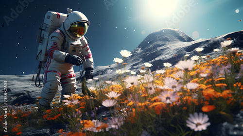 Astronaute en combinaison avec un casque dans les fleurs sur une autre planète dans l'espace photo