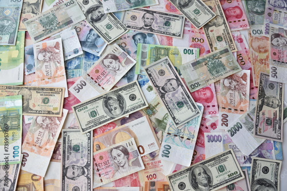 Financial background. Different banknotes: American Dollars, Euro, RMB, Turkish liras, Czech korona and Polish zlotych. Financial background. Different banknotes: American Dollars, Euro, RMB, Turkish liras, Czech korona and Polish zlotych.
