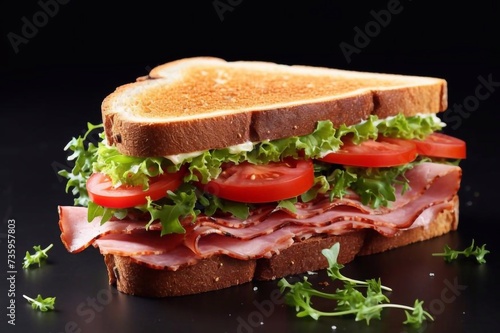 Tasty and spicy sandwich with pork ham on white background cutout