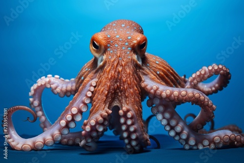 selective focus image of common octopus with blue background looking straight, ocean