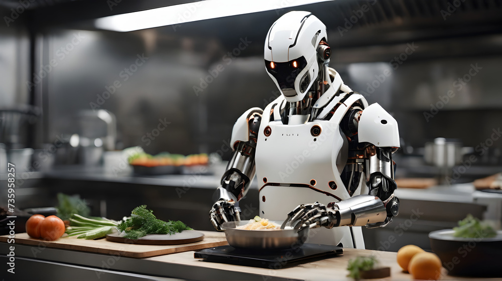 Fototapeta premium A robot chef preparing a gourmet meal with precision and speed, showcasing AI's contribution to culinary innovation - AI