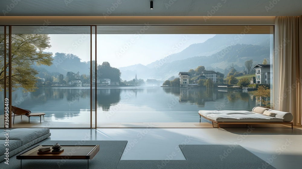 A contemporary villa with boasting expansive full-length windows that frame the picturesque scenery of charming houses and a serene lake. Generative AI.