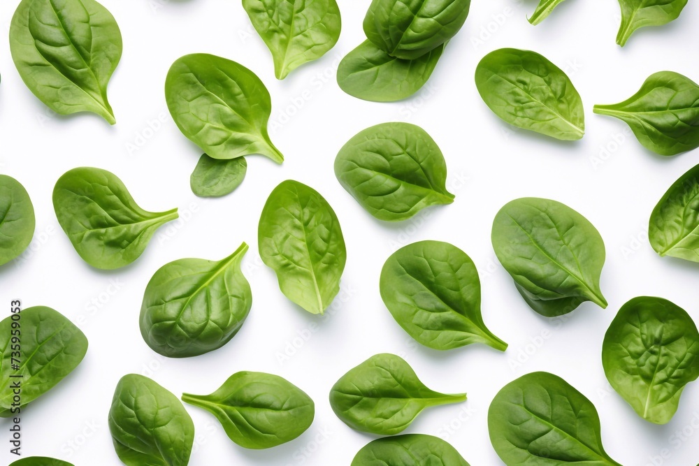 Healthy Eating. Spinach pattern background on white. View from above Healthy Eating. Spinach pattern background on white. View from above