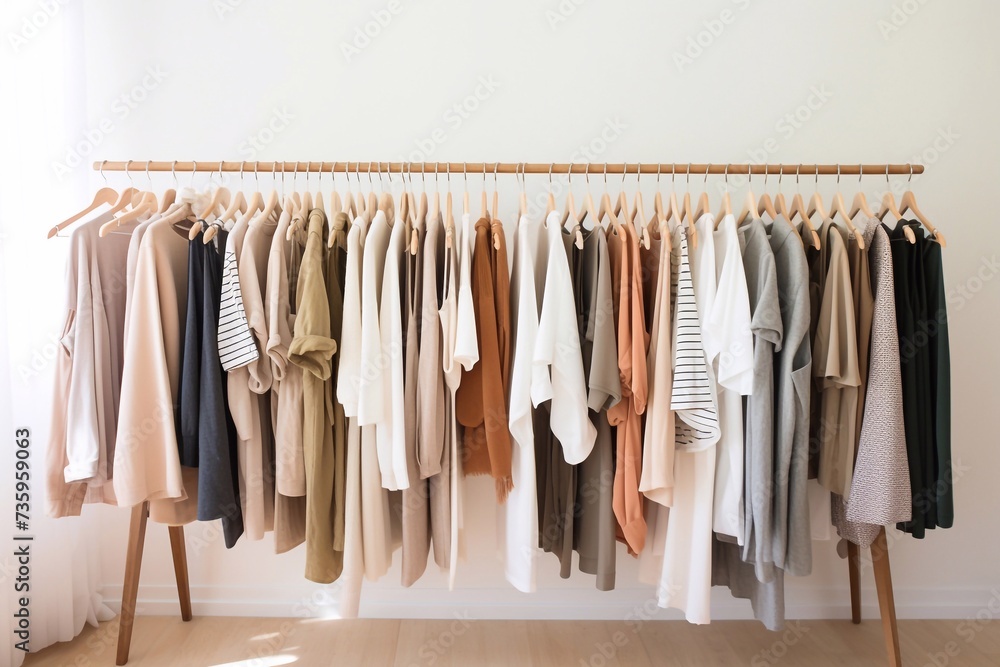 A spring capsule wardrobe hangs on hangers against a beige background A spring capsule wardrobe hangs on hangers against a beige background