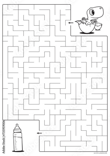 Vector black line printable maze. Format A4. Coloring book educational maze with little dinosaur hatching from an egg looking for a baby bottle with milk.
