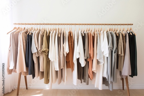 A spring capsule wardrobe hangs on hangers against a beige background © Ирина Курмаева
