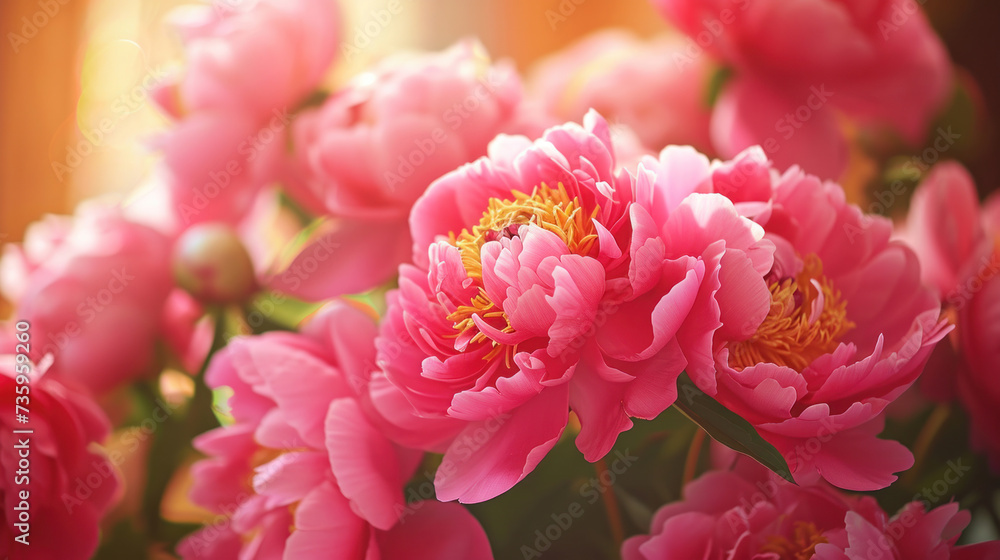 Peonies in full bloom as wallpaper background illustration, close up of pink peony