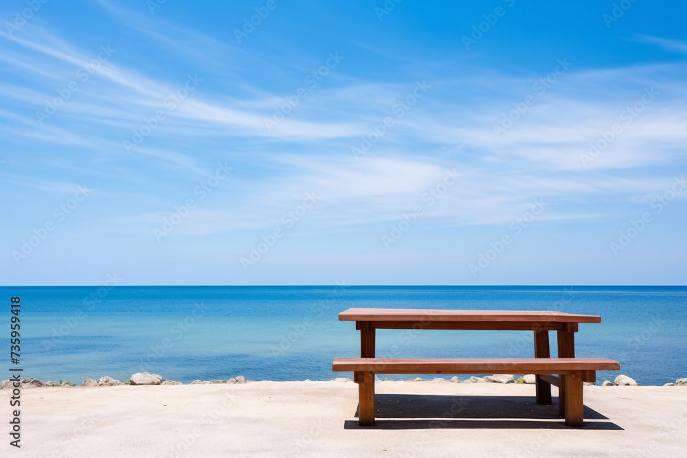 Table and chairs sea and blue sky. Beautiful view