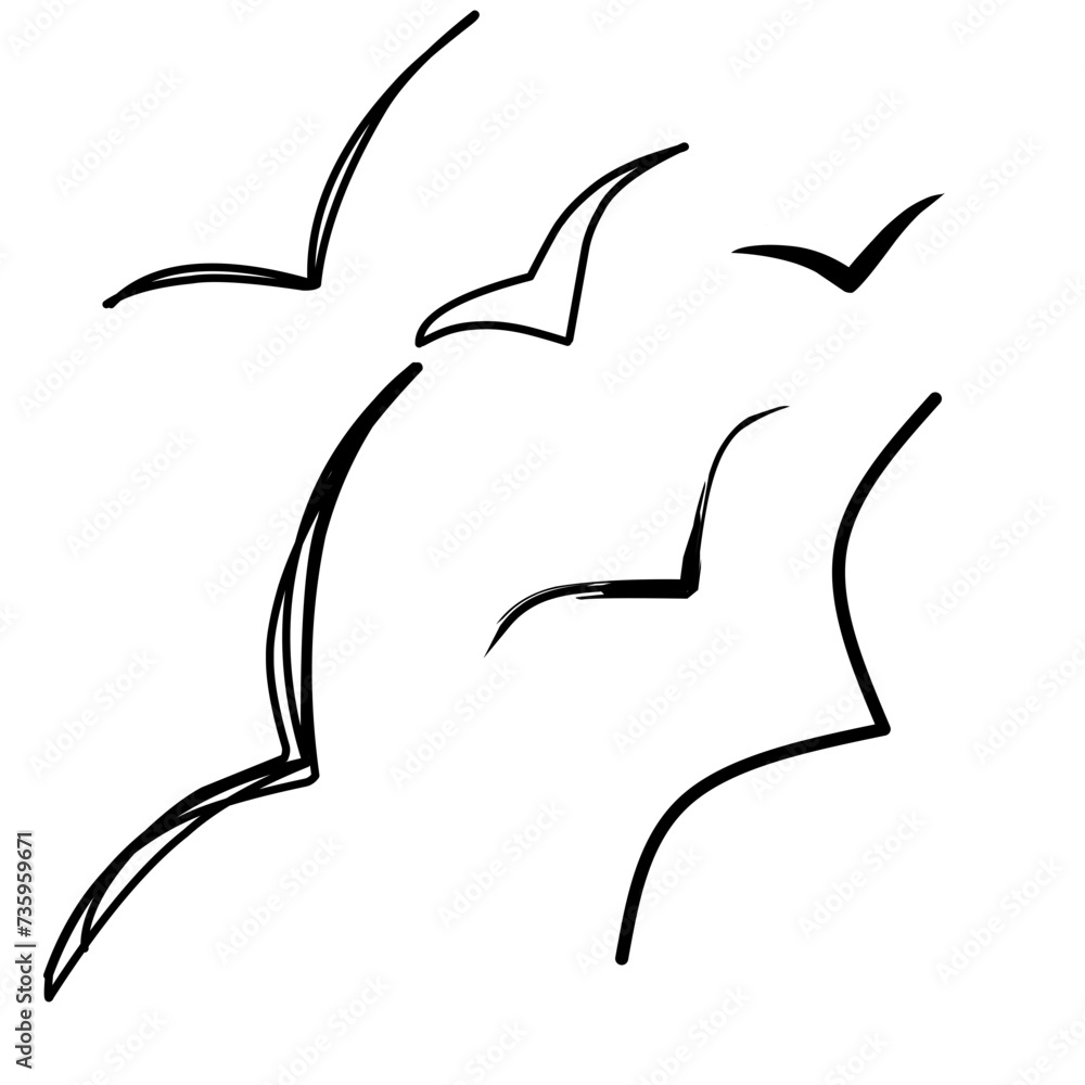 Naklejka premium Hand drawn isolated vector icon, six seagull birds flying. Minimal design elements. Sketch for business identity, branding, web design.