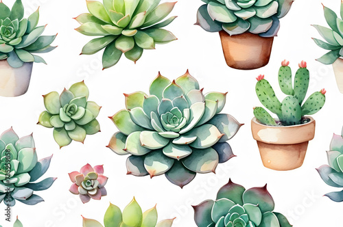 Watercolor flower plants succulents and pots with echeveria. Illustration on a white background