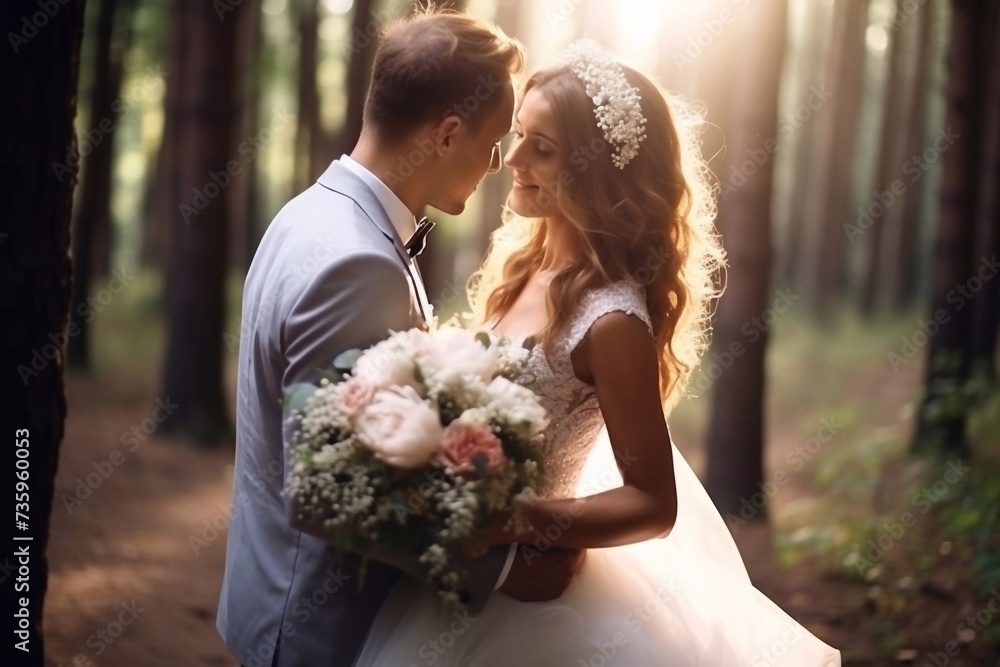 Bride and groom looking into each other's eyes, photo session in the forest Bride and groom looking into each other's eyes, photo session in the forest