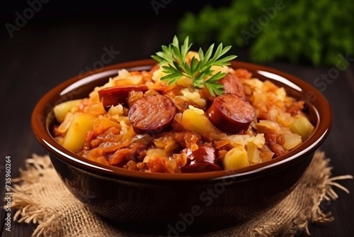  Traditional homemade sauerkraut stew with smoked sausages
